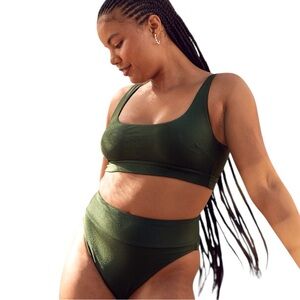 Aerie Bikini Top Women’s Size‎ L Green Ribbed Shine Scoop Wide Strap NWT